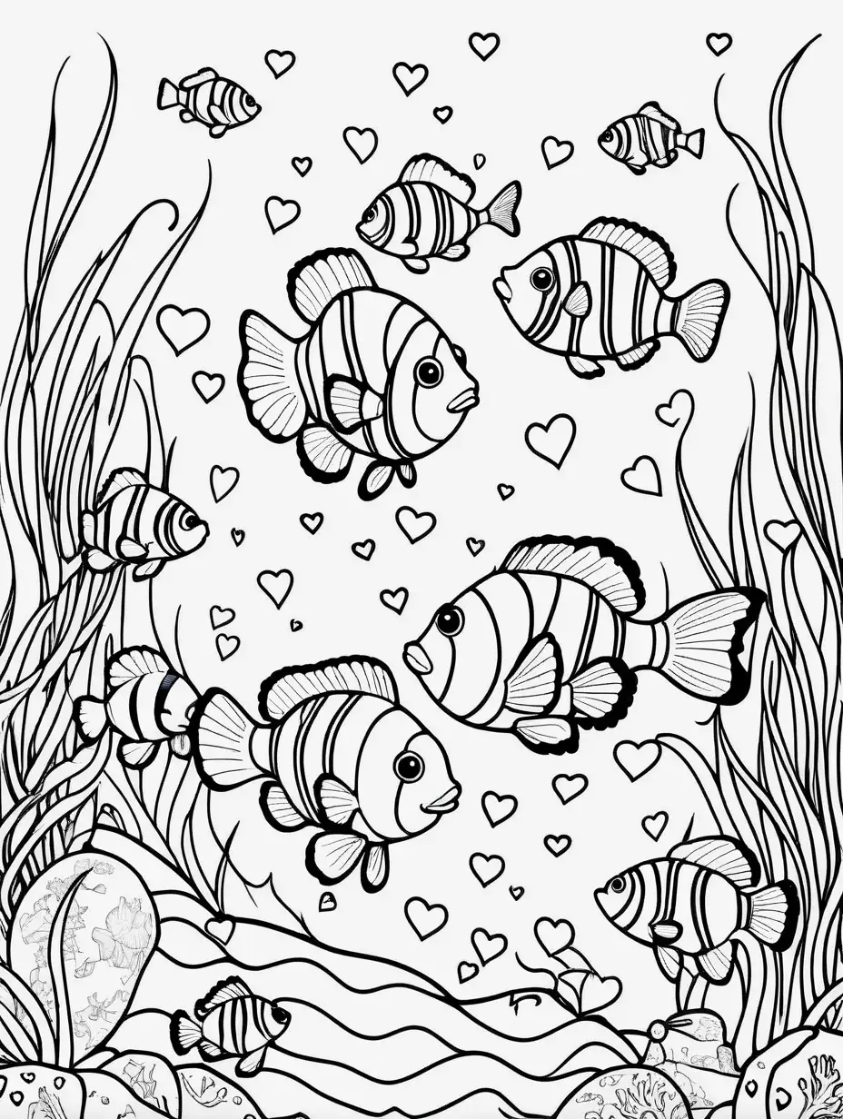 Cute Clown Fish and Star Fish Coloring Page in Detailed Black Line Sketch