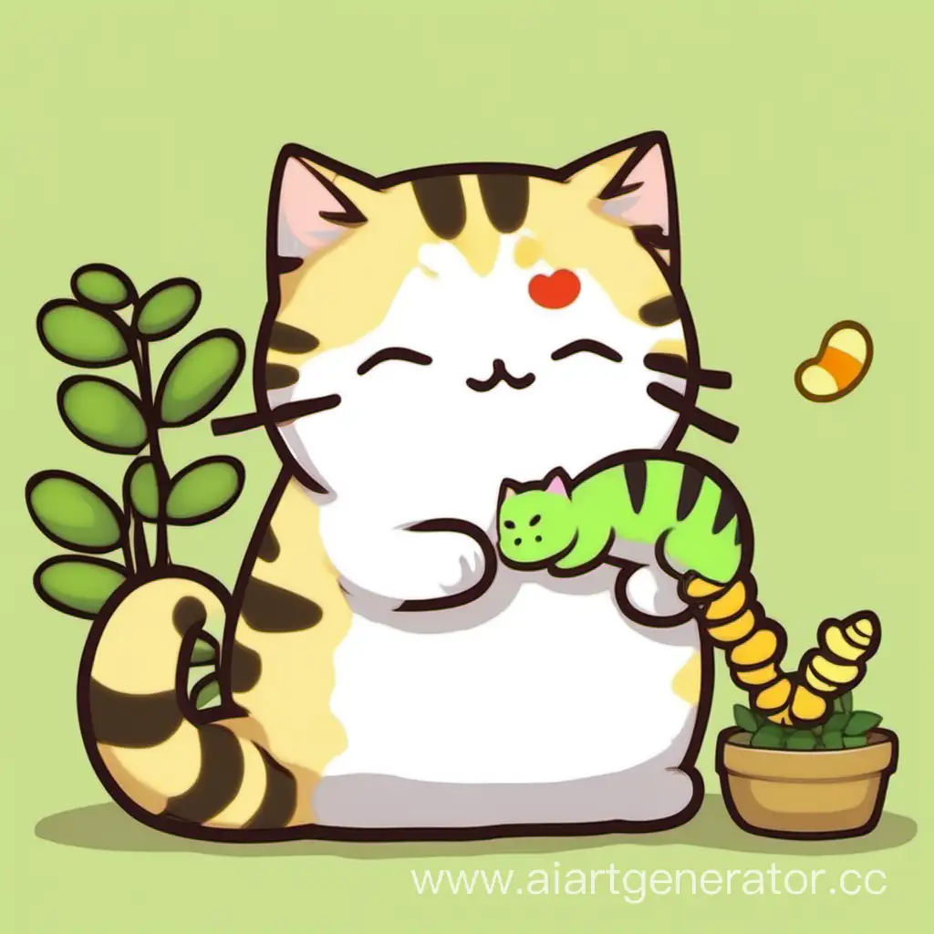 Playful-Neko-Atsume-Cat-Sharing-a-Kiss-with-a-Caterpillar
