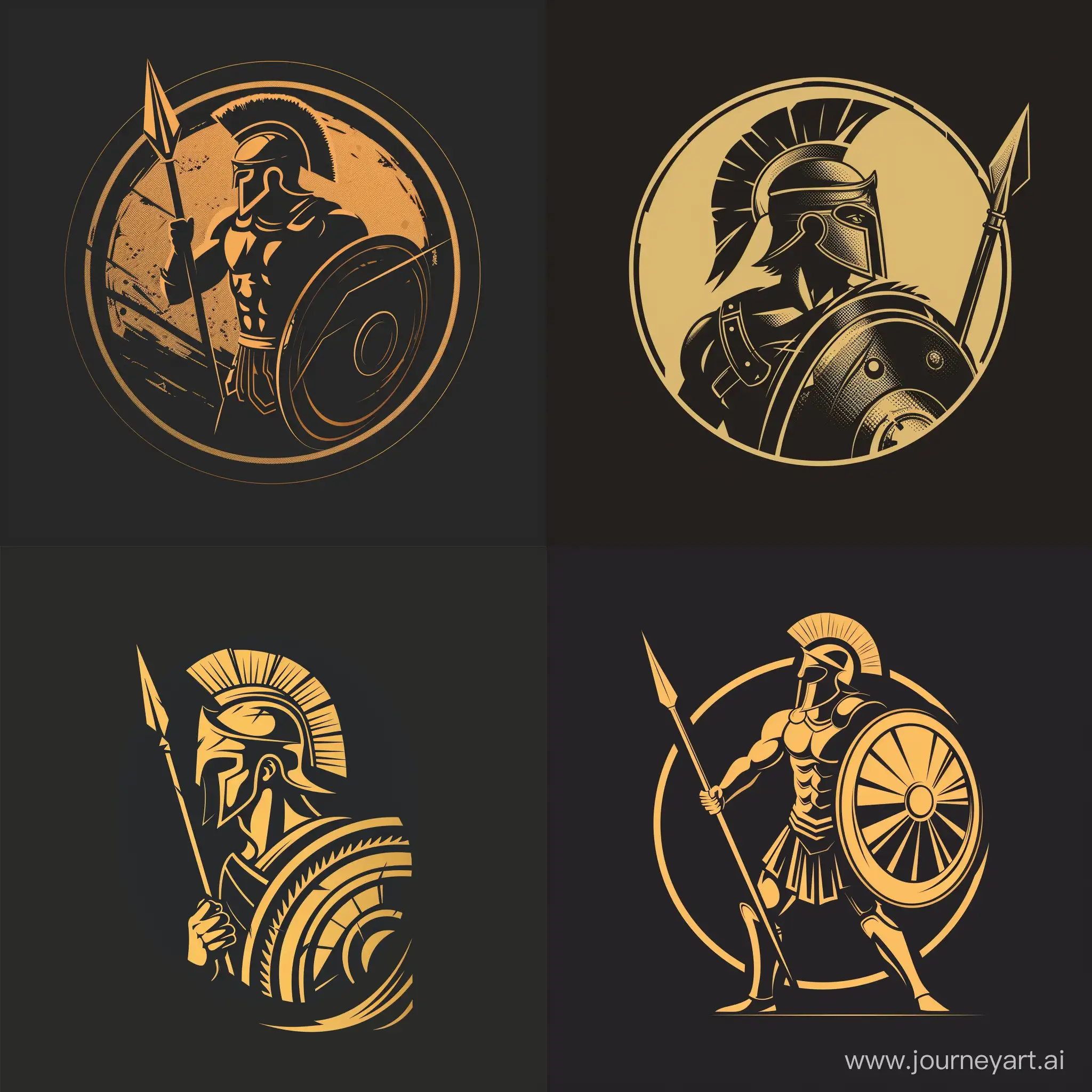 minimalistic and halftone logo of Spartan warrior with high detailed shield, helmet and spear, in vector style