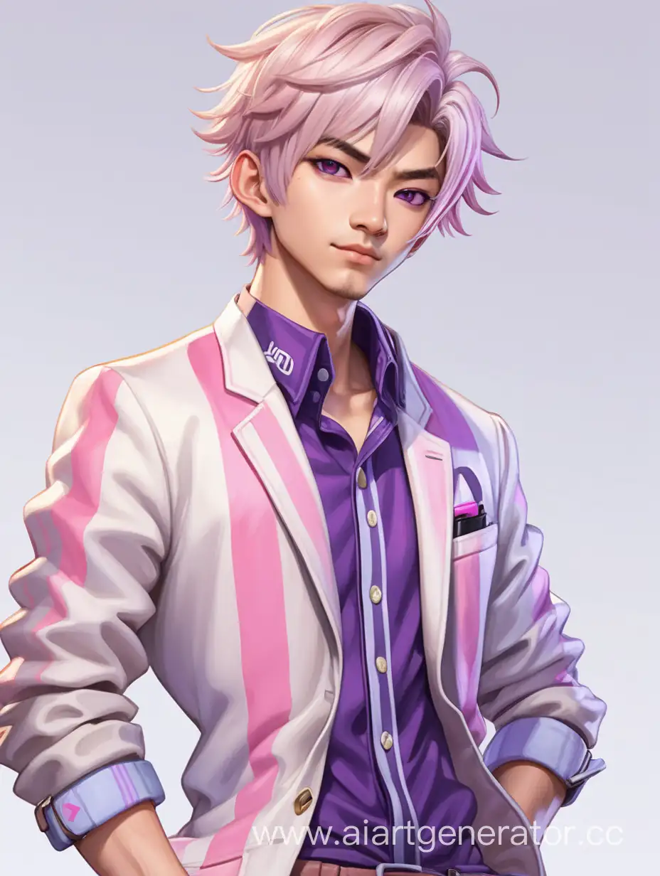 Персонаж в стиле Owerwatch2 в полный рост, милое лицо, худой парень азиатского вида одетый в современную мужскую одежду, растрёпанные короткие волосы светлого цвета, фиолетовые глаза, на волосах розовые полоски.
