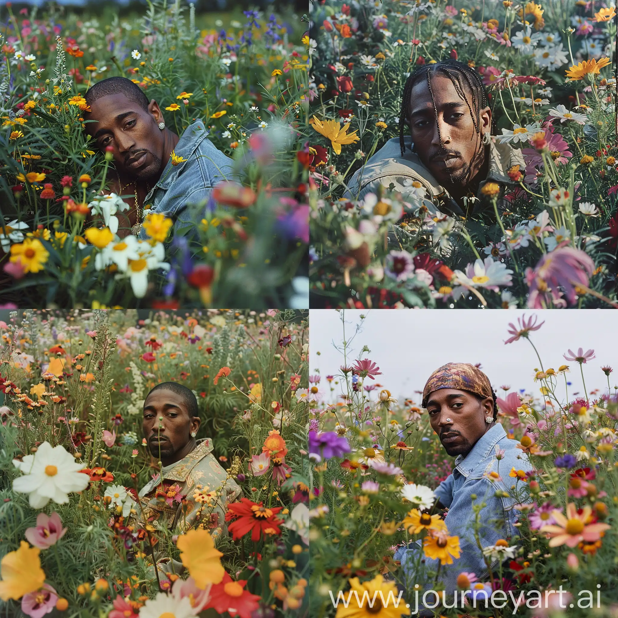 Une photo de Tupac dans un jardin de fleurs
