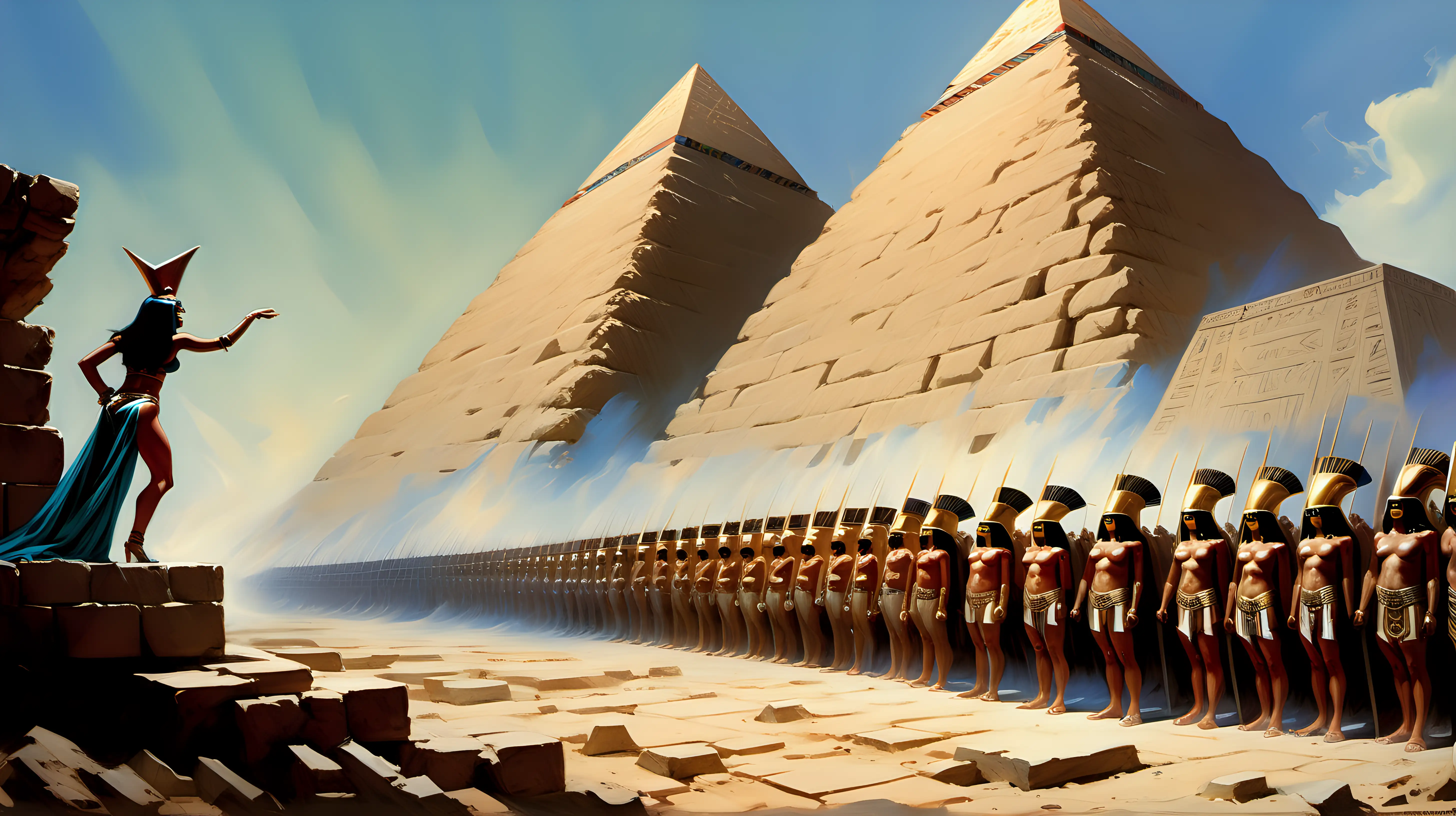 Donald Trump with Cleopatra building a big wall around the  Egyptian pyramids wide angle shot Frank Frazetta style