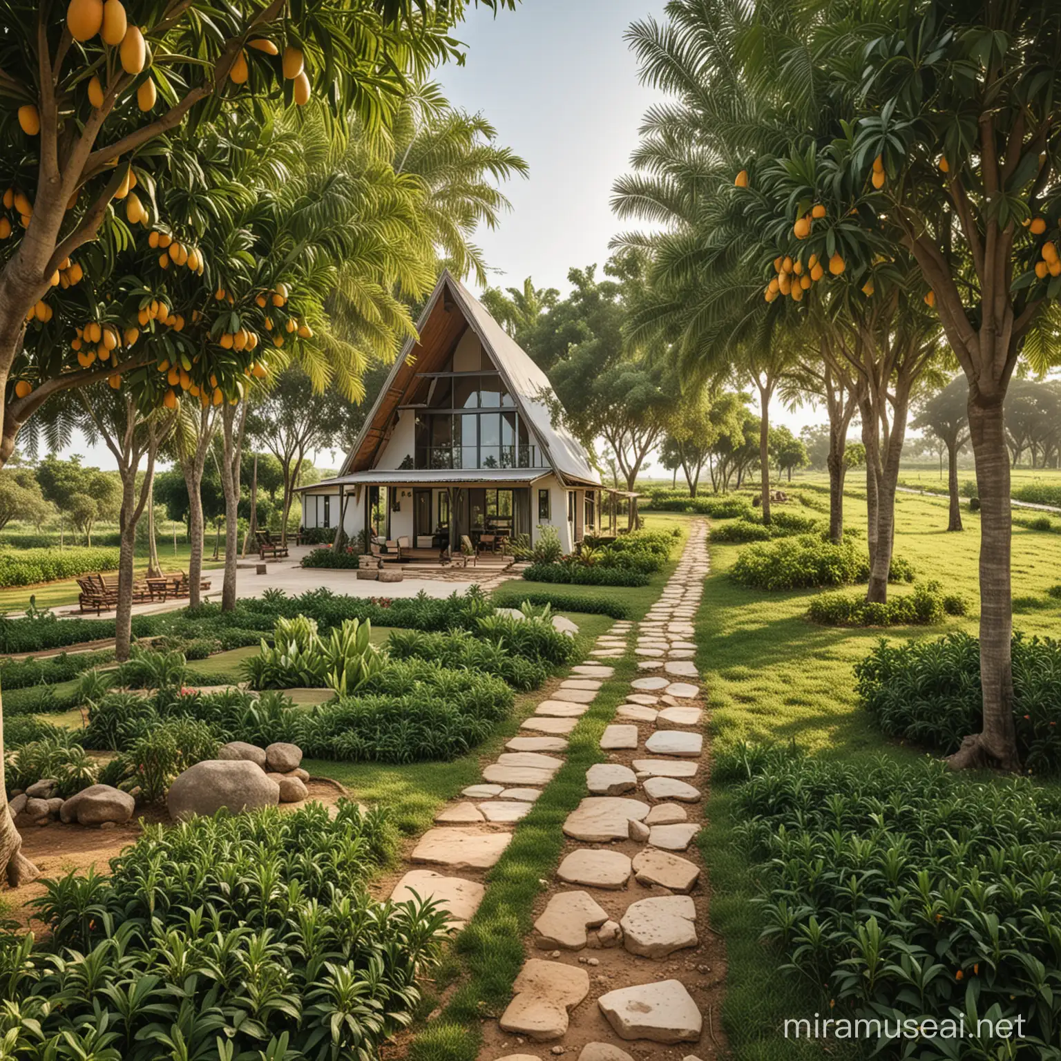 farmland with a modern A frame farmhouse in the center with lot of mango trees, with rock pathways
