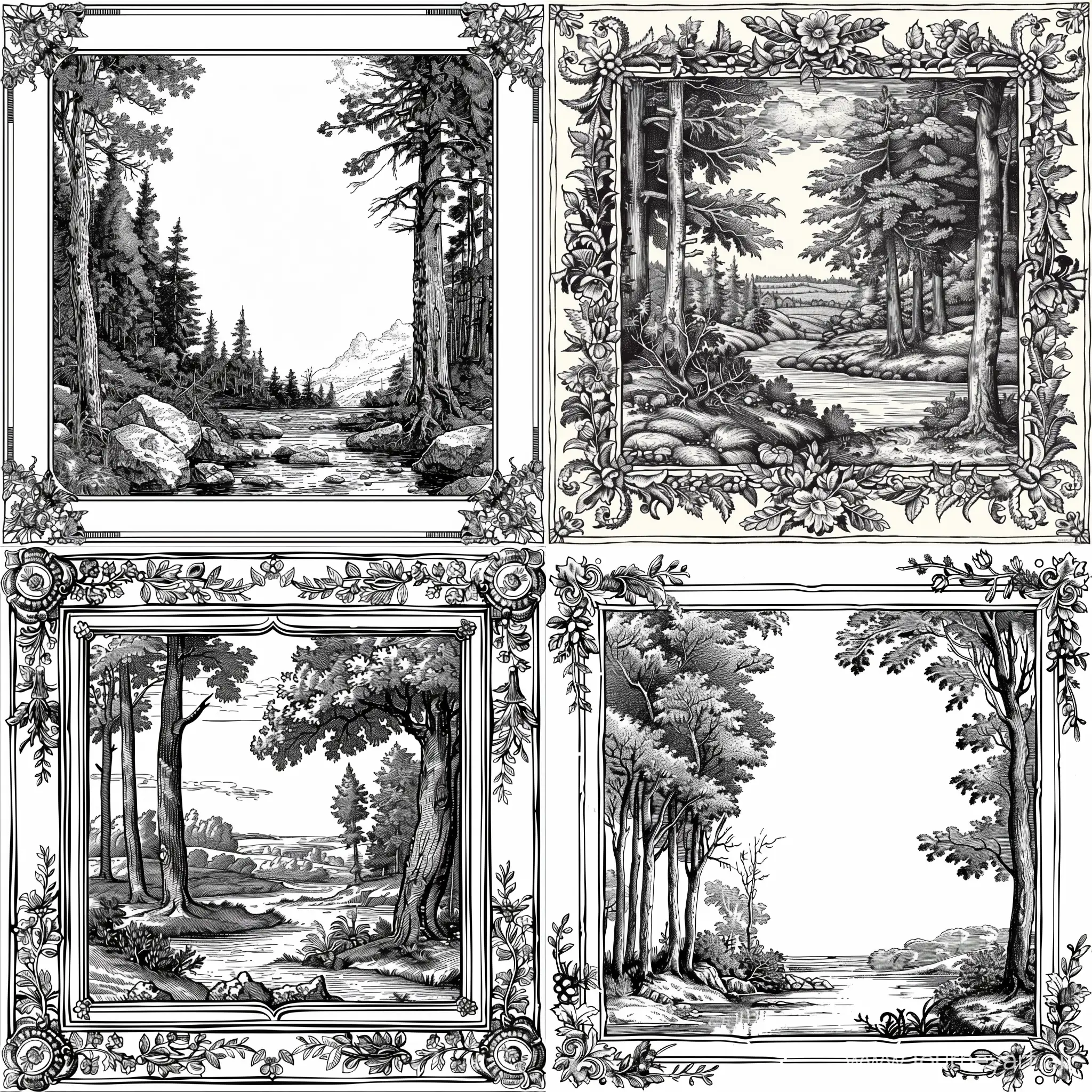 (Engraving Square Ornament Vectors), (square frame), forest, river, label design, high detail, many small ornament elements, black and white