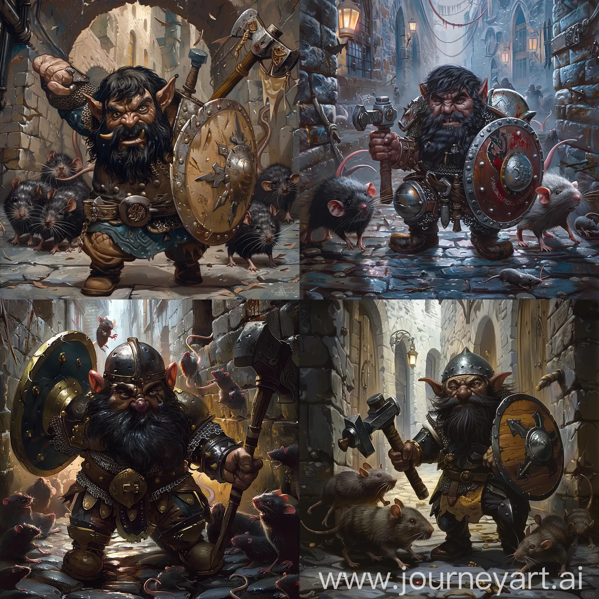 fantasy worried dwarf with black beard, complete armor shield in one hand and warhammer in the other surrounded by rats in the sewers