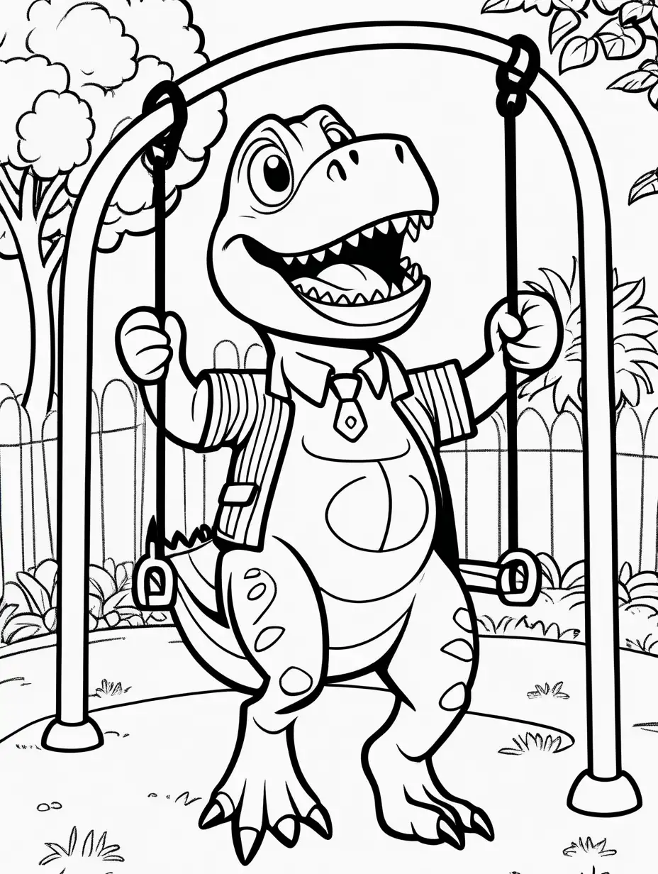 coloring page for kids, a cartoon dinosaur playing at the park on the swings, wearing clothes, no shade