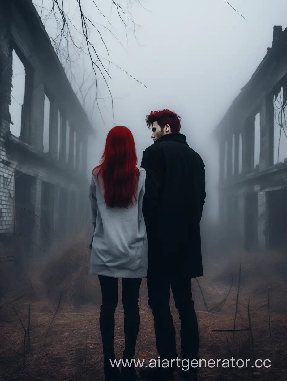 Девушка с рыжими волосами и парень с черными волосами на фоне заброшки а кругом туман