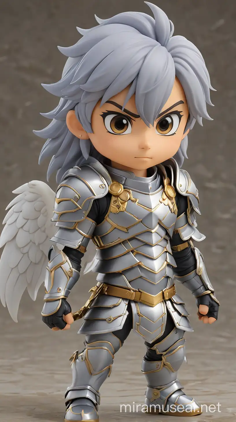 "Design a chibi Nendoroid version of Seya (Pegasus Knight) from the anime Knights of the Zodiac, capturing his iconic armor and youthful charm in adorable miniature form."