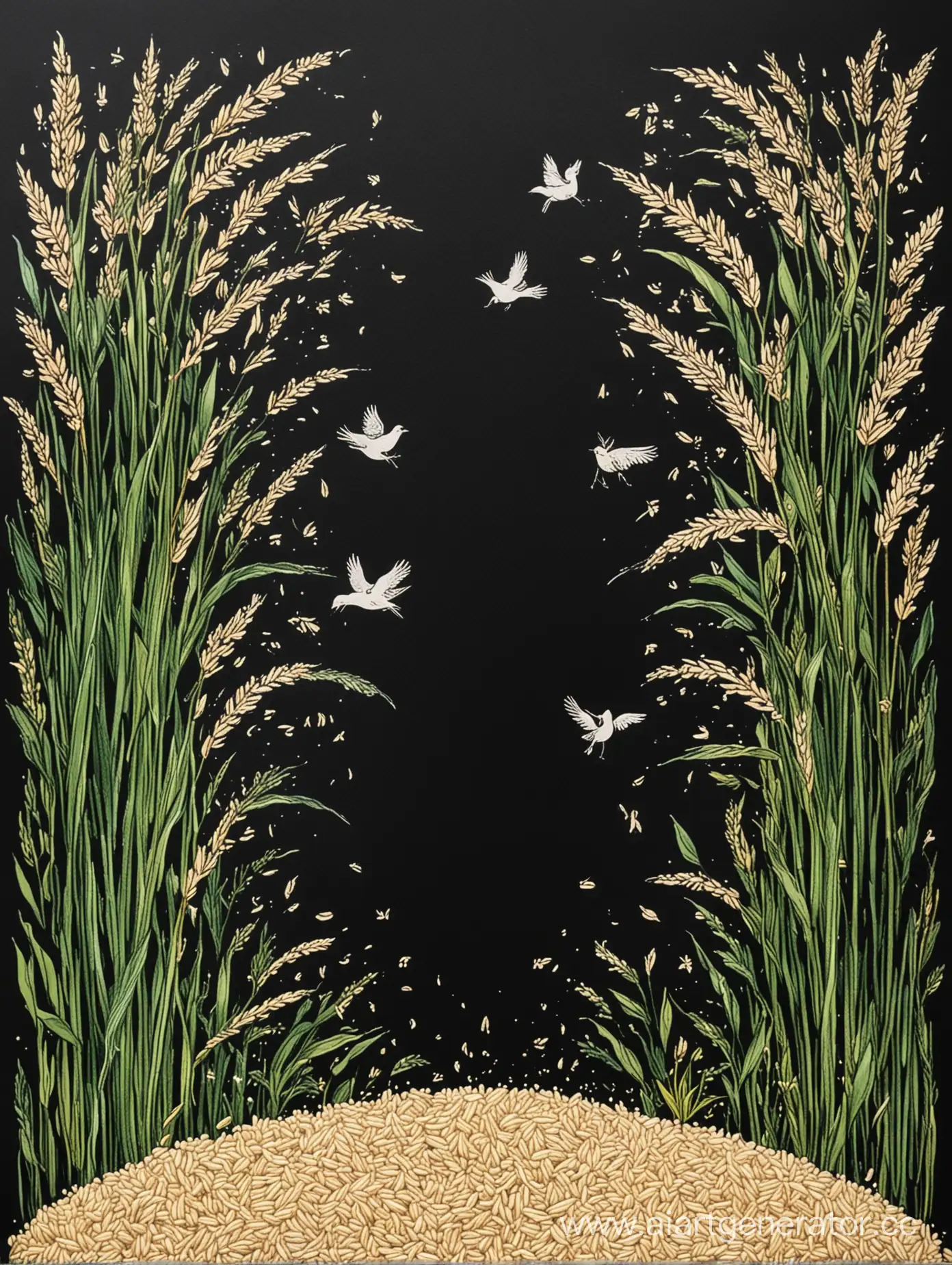нарисуй афишу 
На черном фоне афиши изобразить много риса, из которого вырастает маленький проросток.
Вокруг зерна риса можно изобразить птички из рисинок, как будто к ним притягивает рис.

