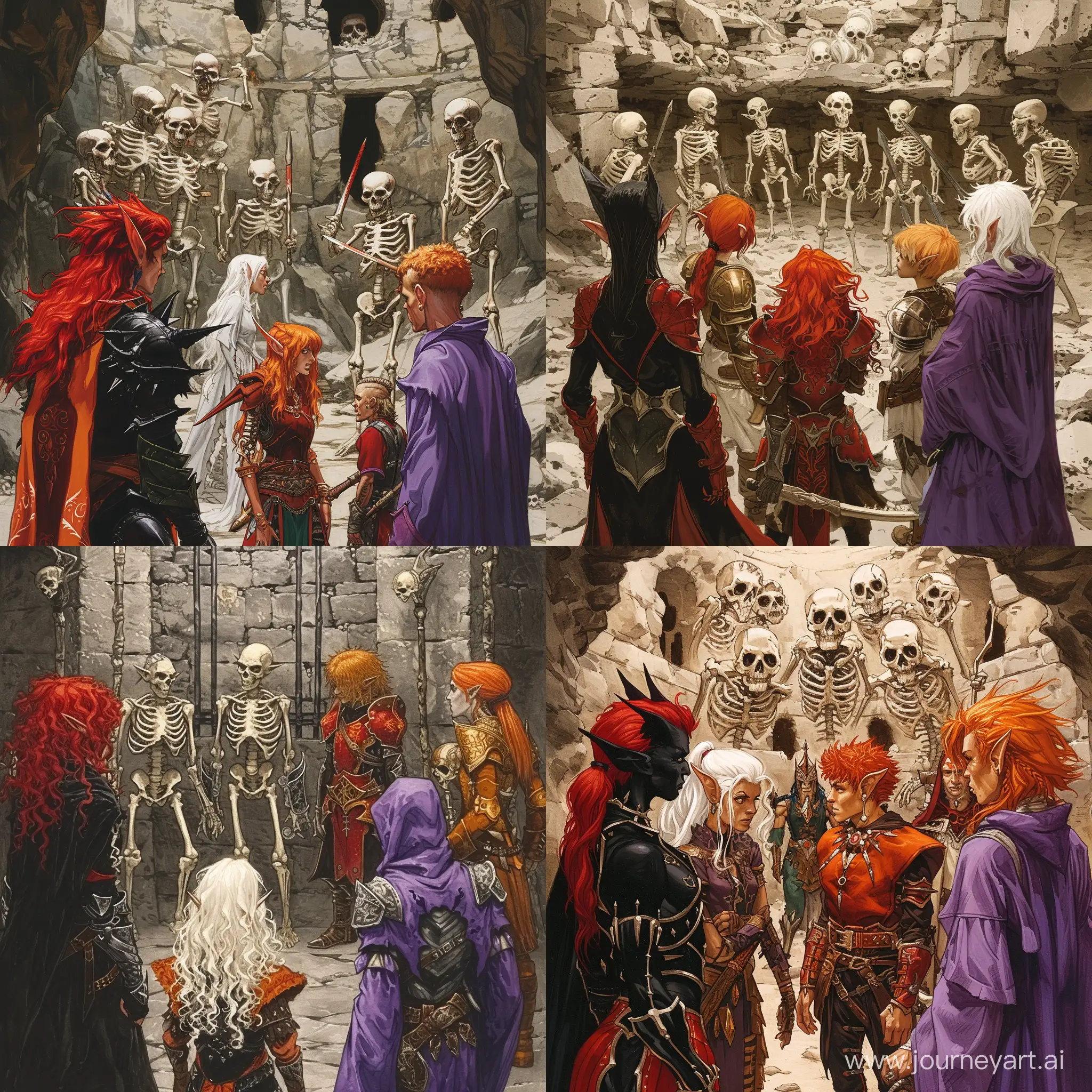 Una elfa de pelo negro y rojo, un elfo de pelo blanco, una elfa de pelo rojo y naranja, una elfa guerrera de pelo rojo, un halfling y un humano con tunica violeta se enfrentan a 7 esqueletos en una sala de tortura