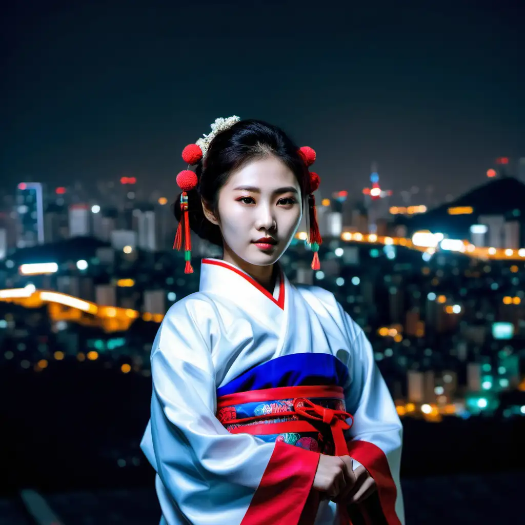 Korean Woman in Traditional Attire amid Seouls Night Splendor
