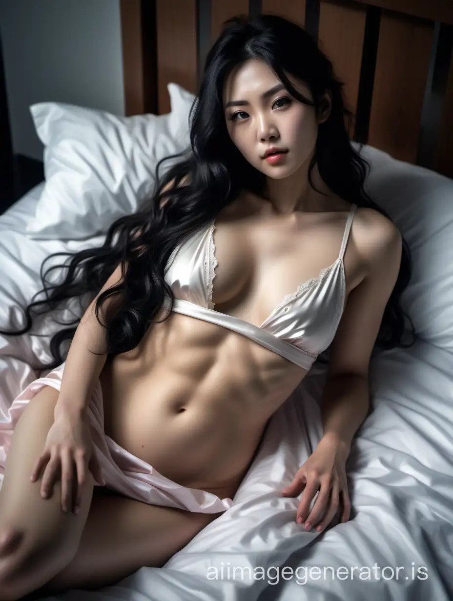 raw and bold photo of a very beautiful young woman, long wavy black hair, Japanese, wearing nightgown, perfect glamour, powerful sharp abs, glimpsing abs, hyperrealism, 8K UHD, realistic skin texture, imperfect skin, shot with Canon EOS 5D Mark IV, highly detailed, masterpiece, full body in image, lying in bed.