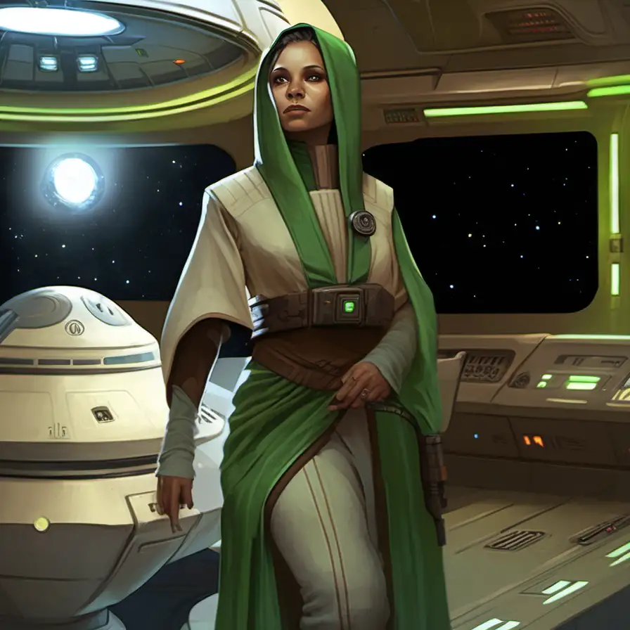 female Nautolan, green skin, monk robes, starship interior, Star Wars art