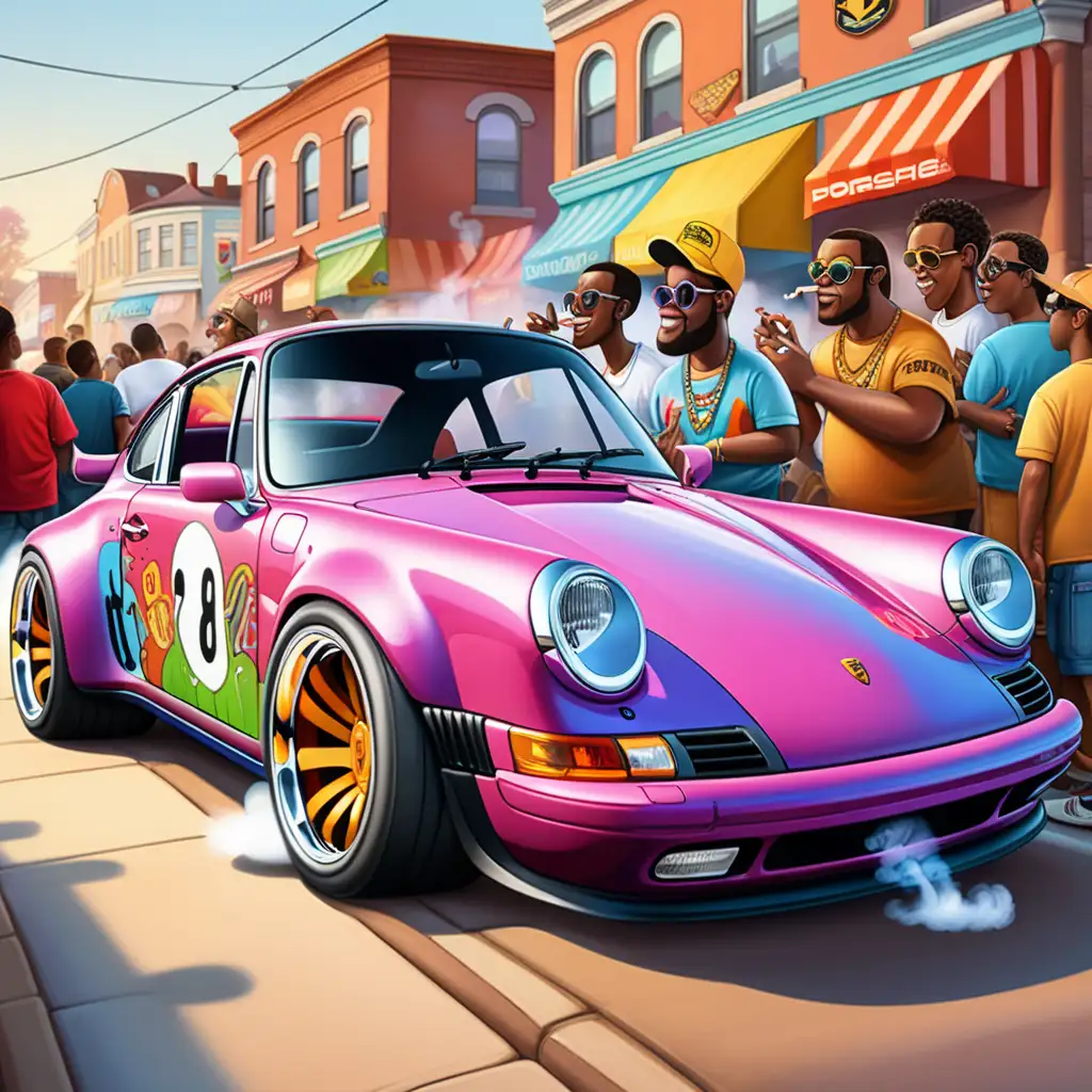 Create colorful cartoon image of Porsche  car with 24 inch rims, smoking tires, african american street party setting, sideview
