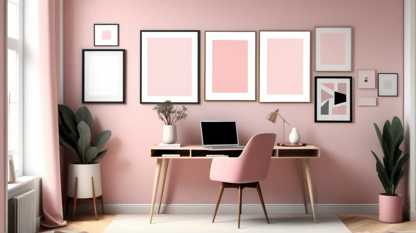 light and airy pink Modern  empty living room only, Danish style modern desk, blank framed wall collage above.