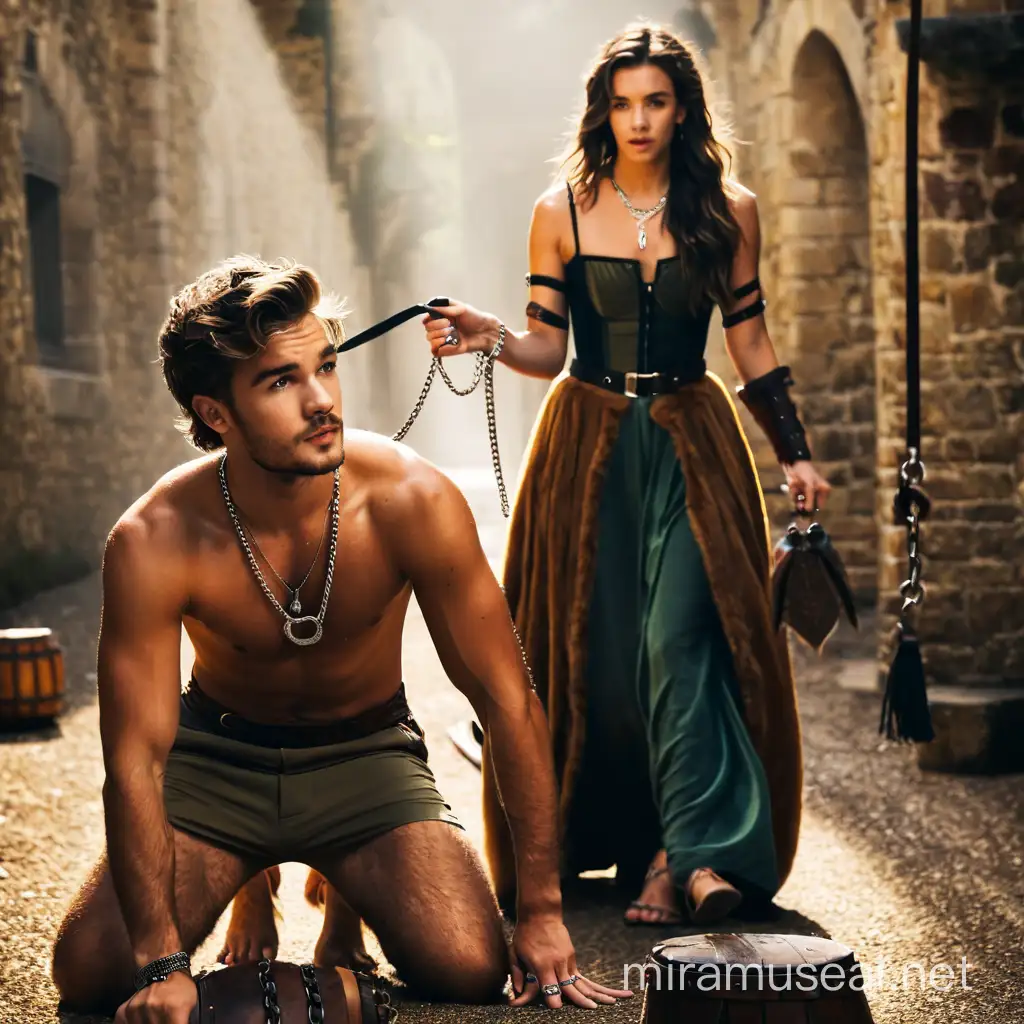 A medieval lady walks One Direction's Liam Payne like a dog. Payne shirtless, very hairy body, intimate clothes, bruises on his body, collar and chain. Lady holds the collar by the chain and whips Payne.