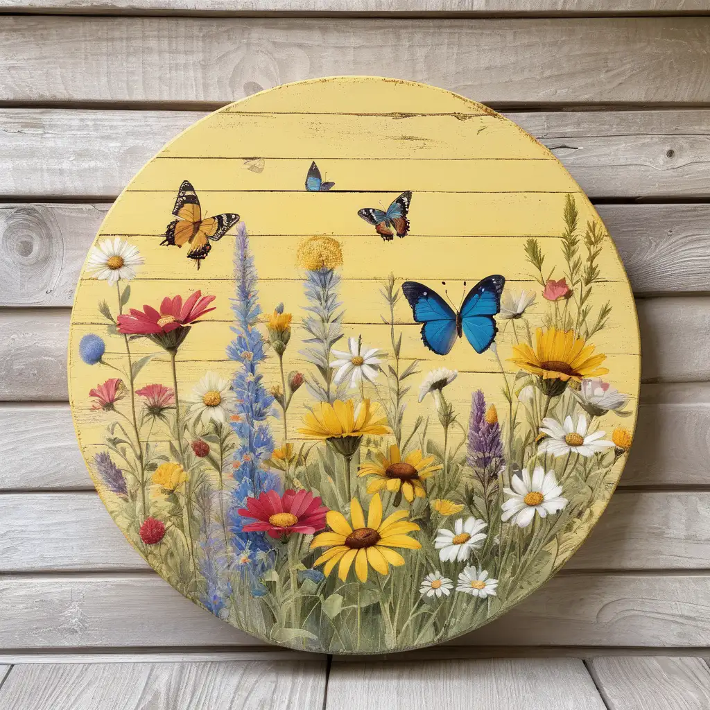 Vibrant Wildflowers and Butterflies on Pale Yellow Rustic Wood Canvas