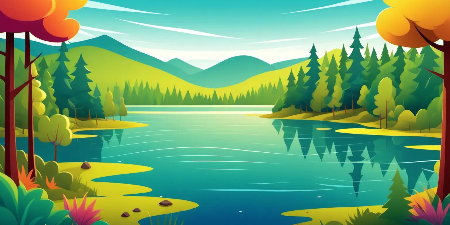Vibrant Cartoon Lake Scene with Surrounding Forest