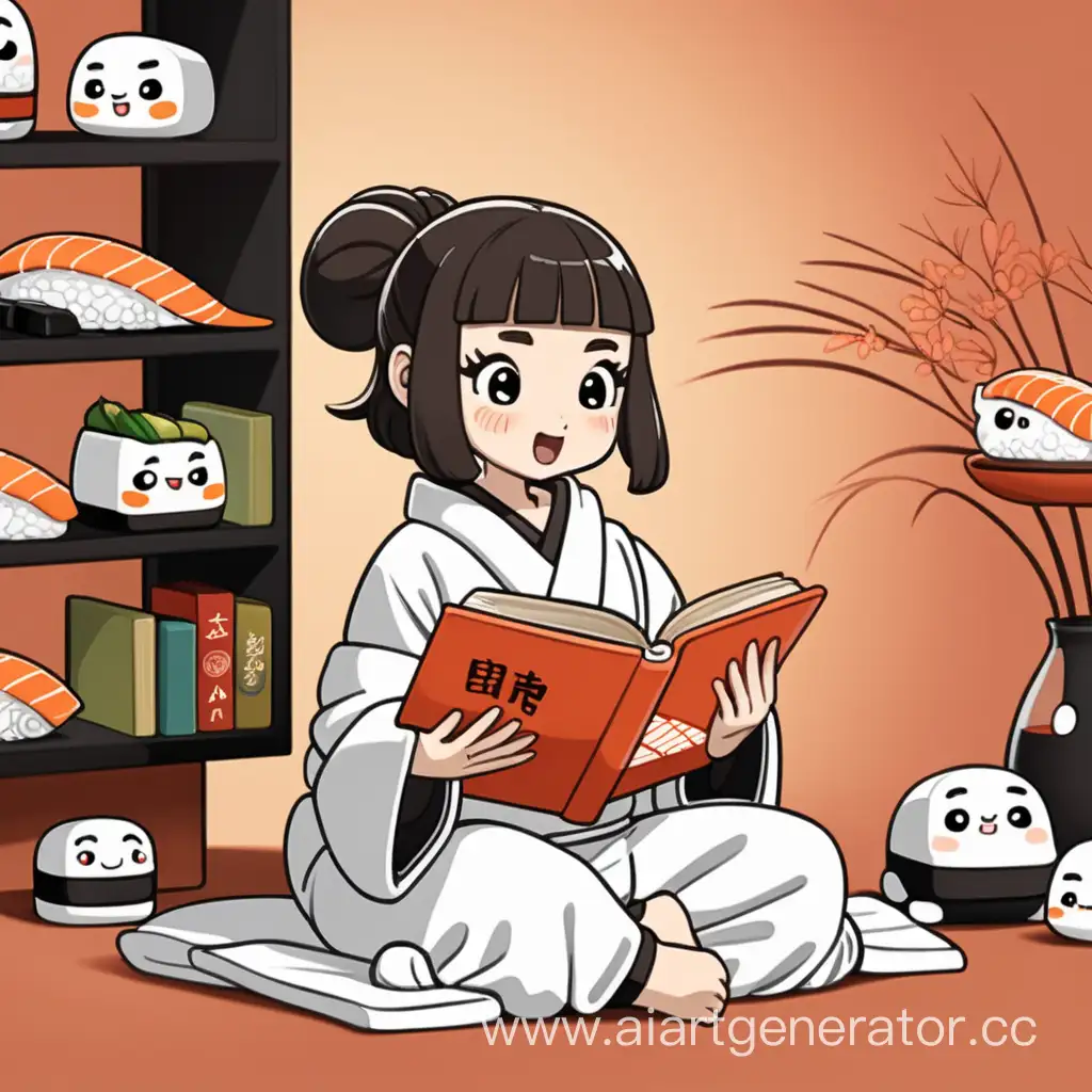 Мультяшная девочка в костюме суши, читает книгу, удивленная, счастливая, арт