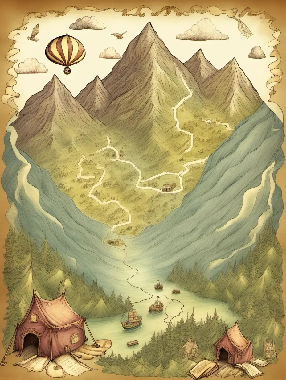 Majestic Mountainous Attire and Literary Treasures Enchanting Storybook Illustration