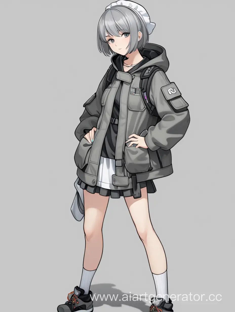 full body view of a anime girl young adult, with short grey hair. She wears maid attire with a tactical jacket and hood over it. 