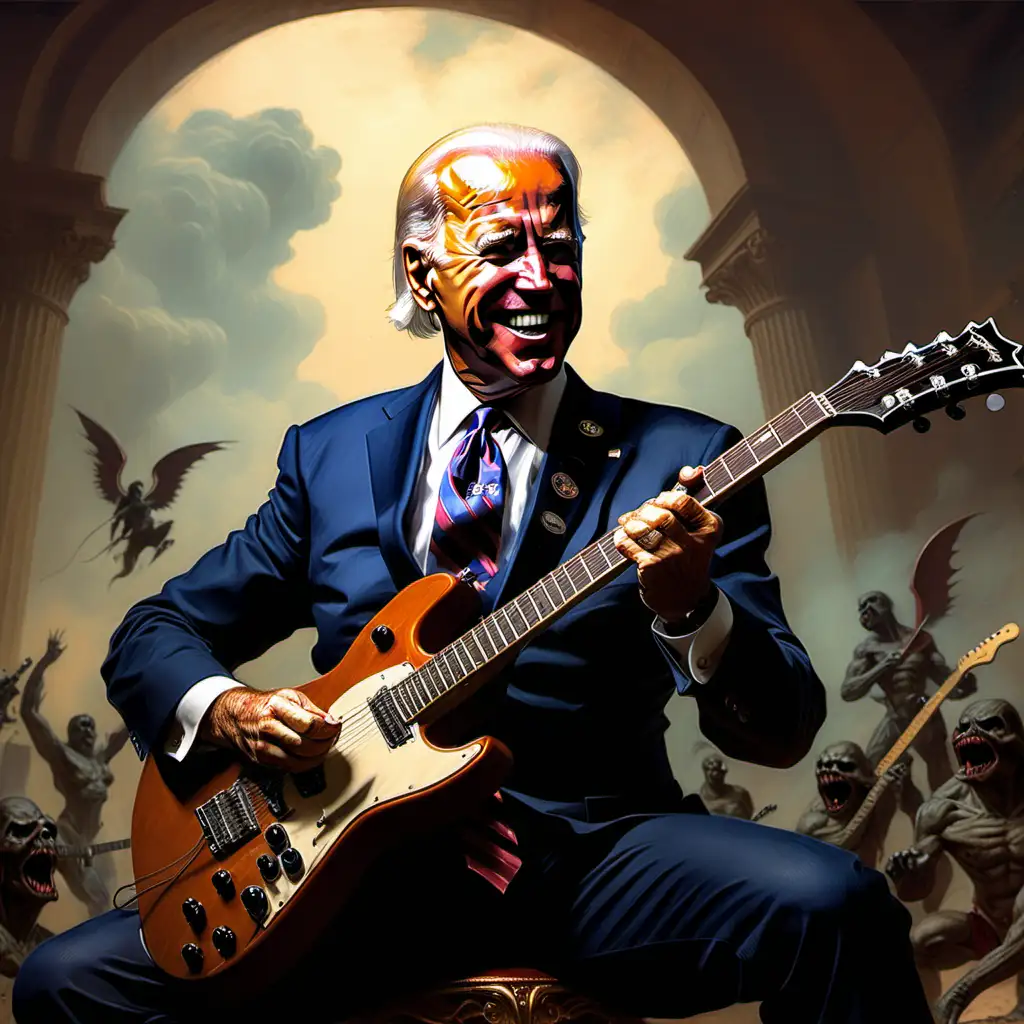 Joe Biden playing guitar in the style of Frank Frazetta