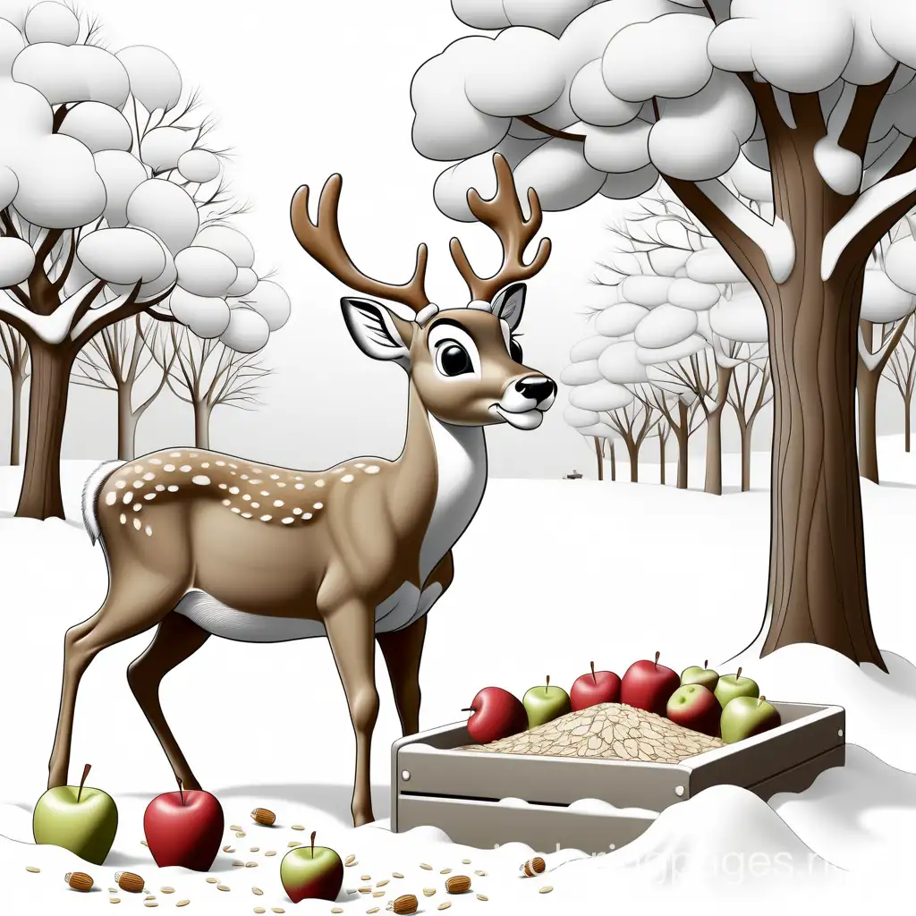 maine deer eating oats and apples and acorns from a feeding trough in christmas snow, Coloring Page, black and white, line art, white background, Simplicity, Ample White Space. The background of the coloring page is plain white to make it easy for young children to color within the lines. The outlines of all the subjects are easy to distinguish, making it simple for kids to color without too much difficulty