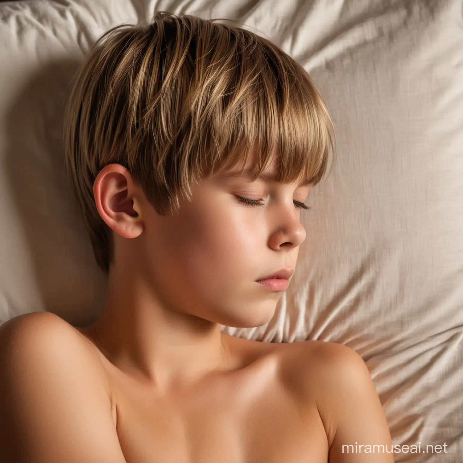 Thin 7year old sleeping boy, dark blond shiny hair, bowl cut, on pillow, bright light from a side, shirtless, closeup