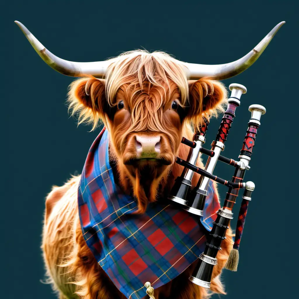 portrait of highland cow wearing kilt and bag pipes
