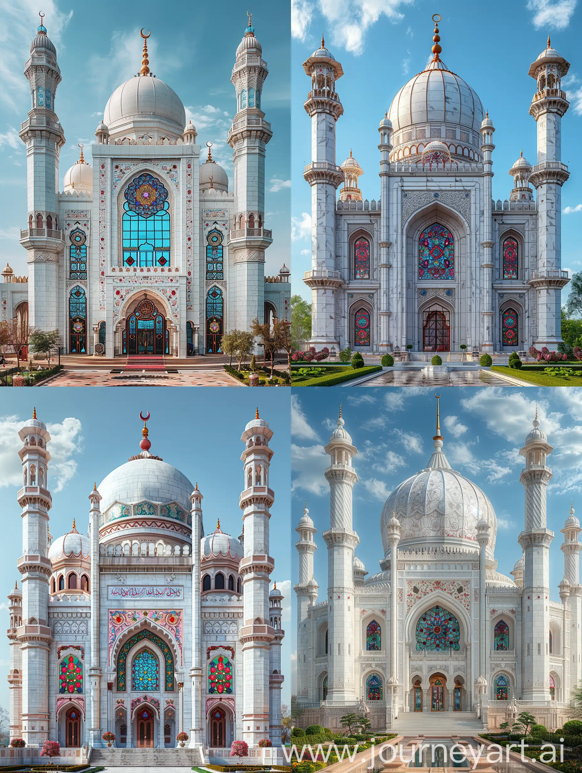 a Gurudwara style Mughal mosque, White marbled exterior, tall iwan, stained glass windows, red blue persian floral motifs on spandrels, red blue gems and rubies embedded on arabesque ornaments, thin spires, full view, front view --s 999 