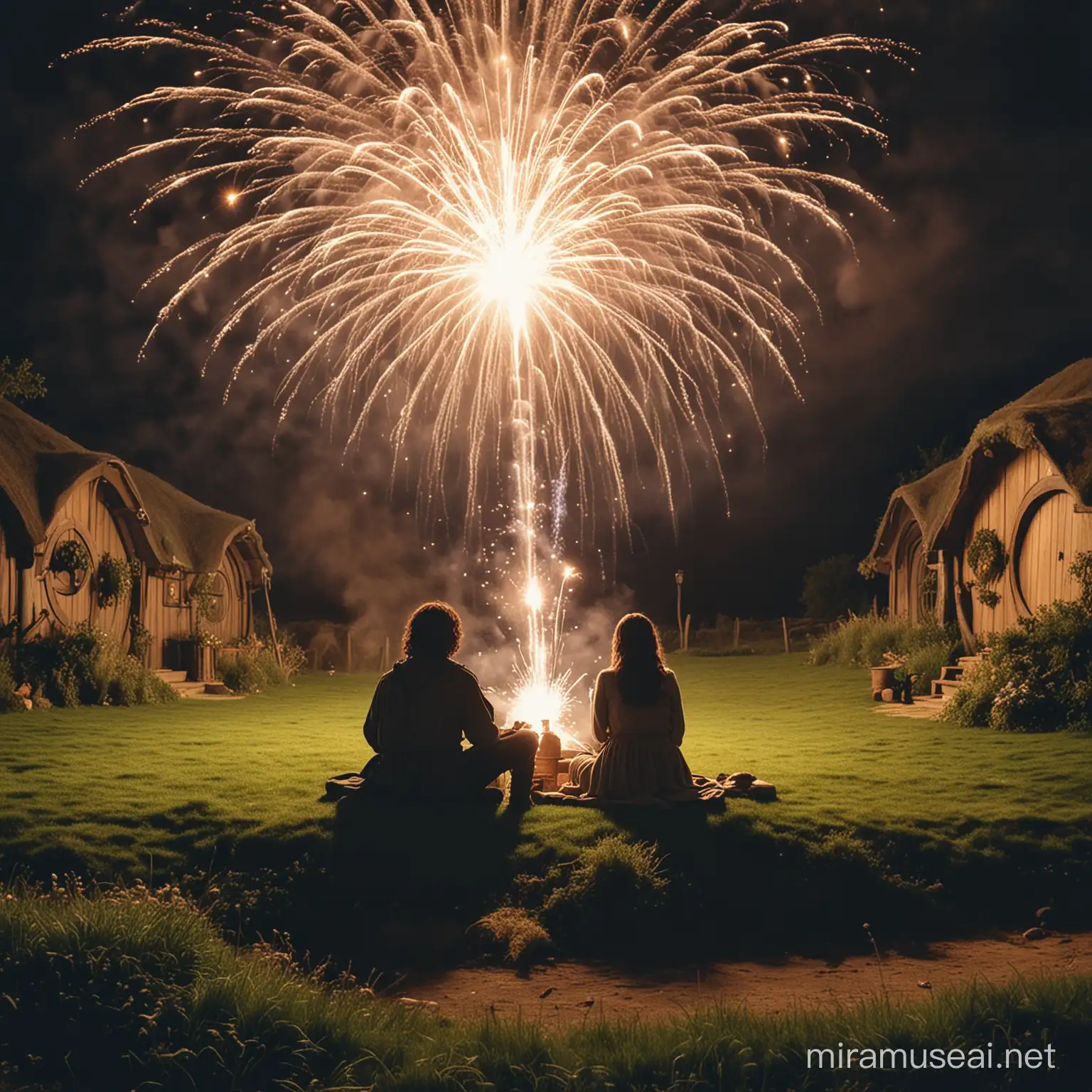 two people sitting in the shire lord of the rings, male and female, add fireworks