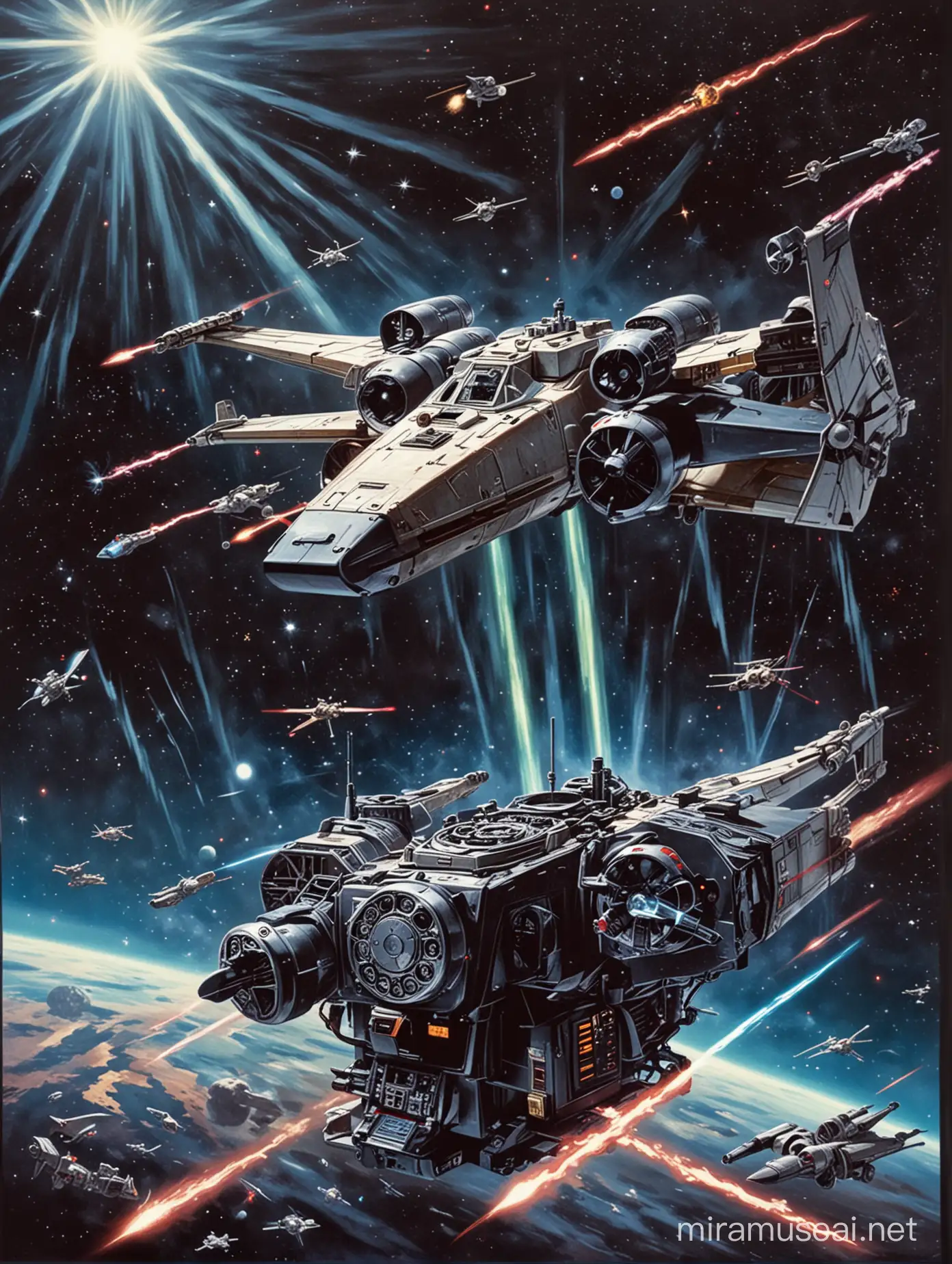 X-wings fighiting in space with big old black telephone that shoots lasers, 1970s Star Wars style, Star Wars movie poster