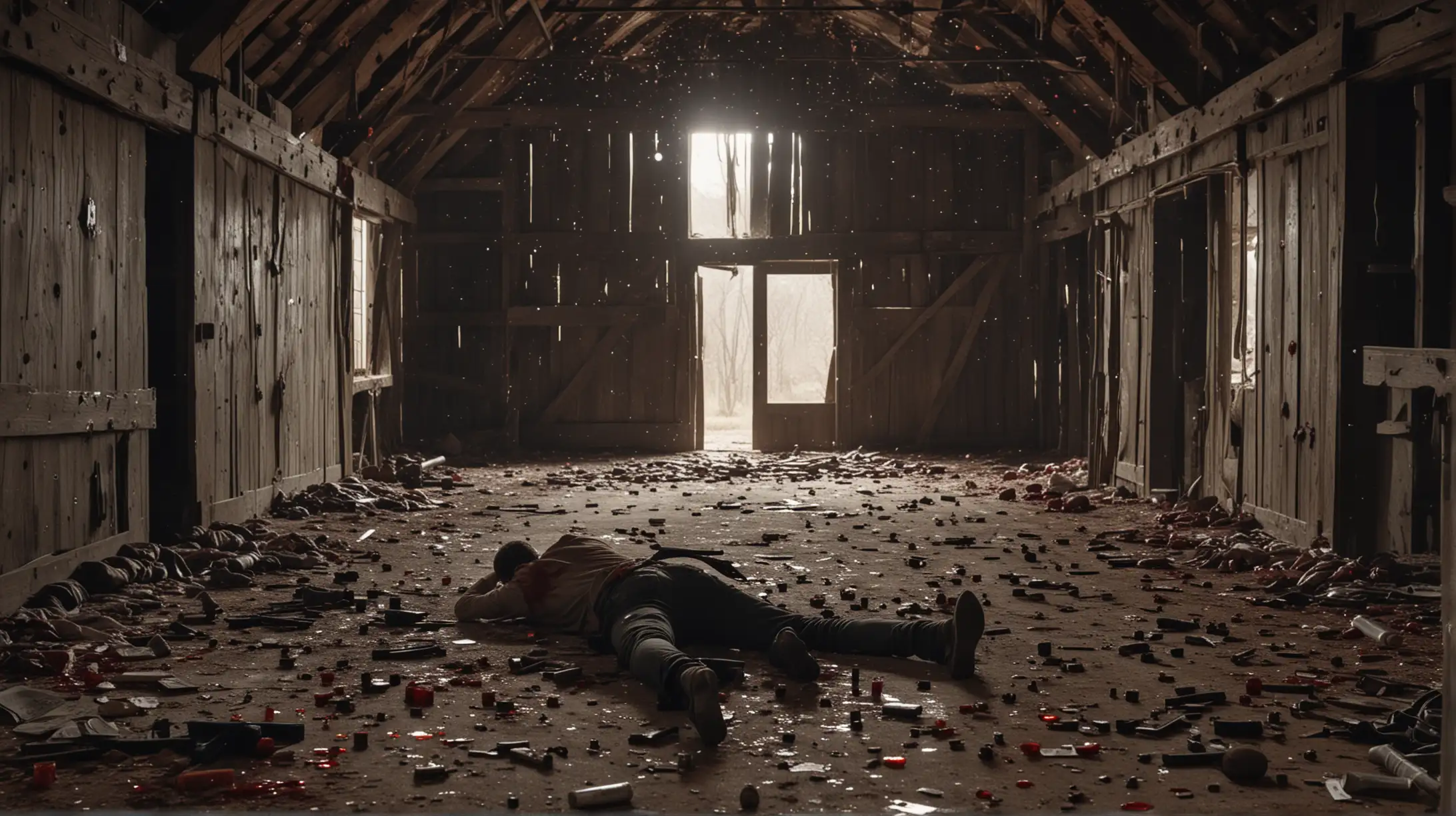 Generate a cinematic image of a the aftermath of a gun battle in an old small barn with blood, bullet holes, scattered money and a couple of dead men.