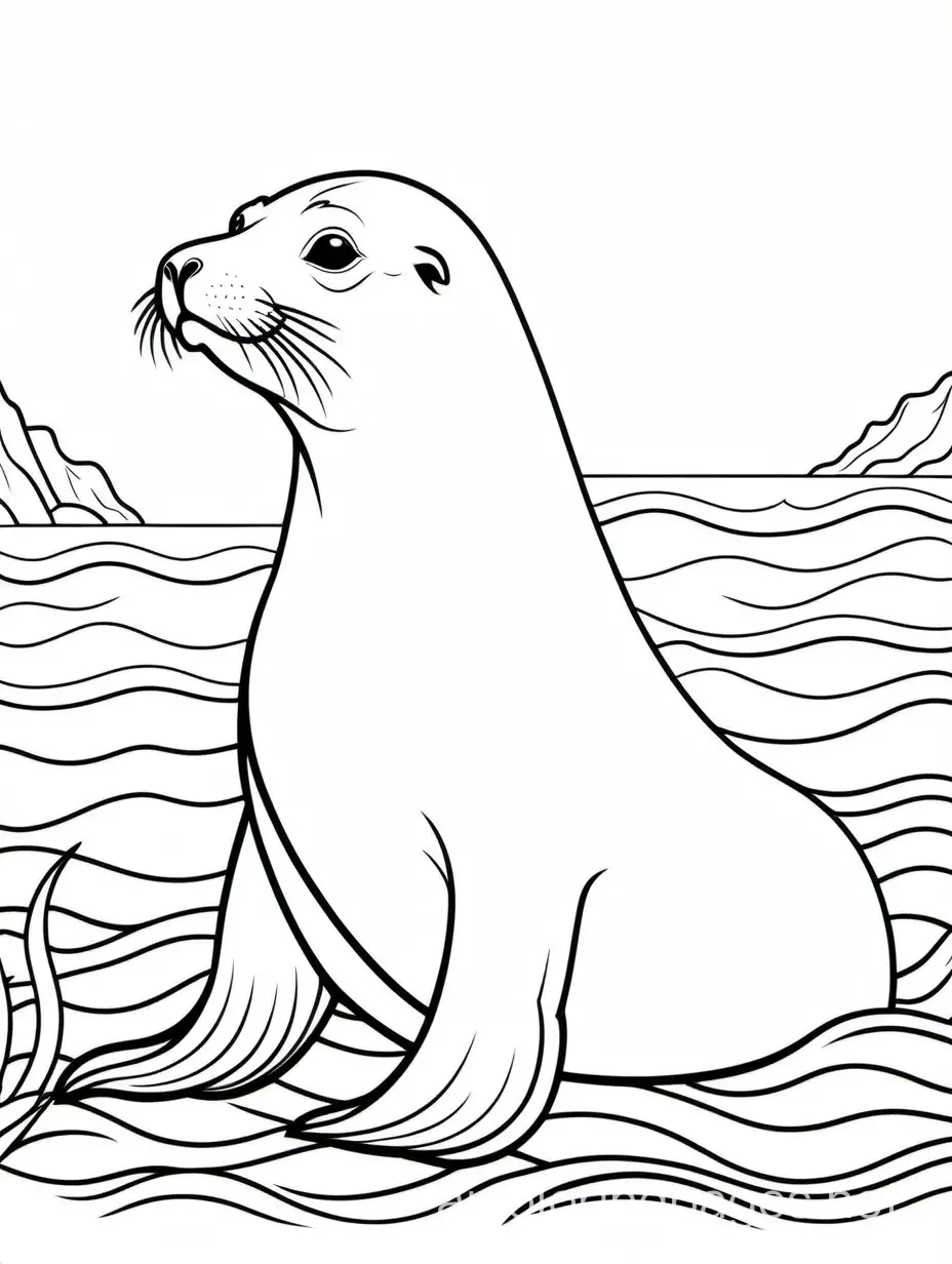 Sea lion, Coloring Page, black and white, line art, white background, Simplicity, Ample White Space. The background of the coloring page is plain white to make it easy for young children to color within the lines. The outlines of all the subjects are easy to distinguish, making it simple for kids to color without too much difficulty