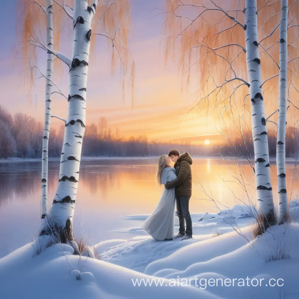 Romantic-Couple-Enjoying-Sunset-by-Snowy-Birch-Lake