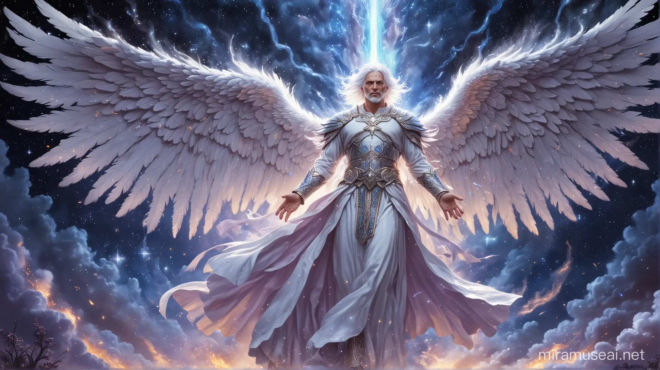 Powerful Guardian Angel with Burning Blue Flame Wings in Celestial Forest