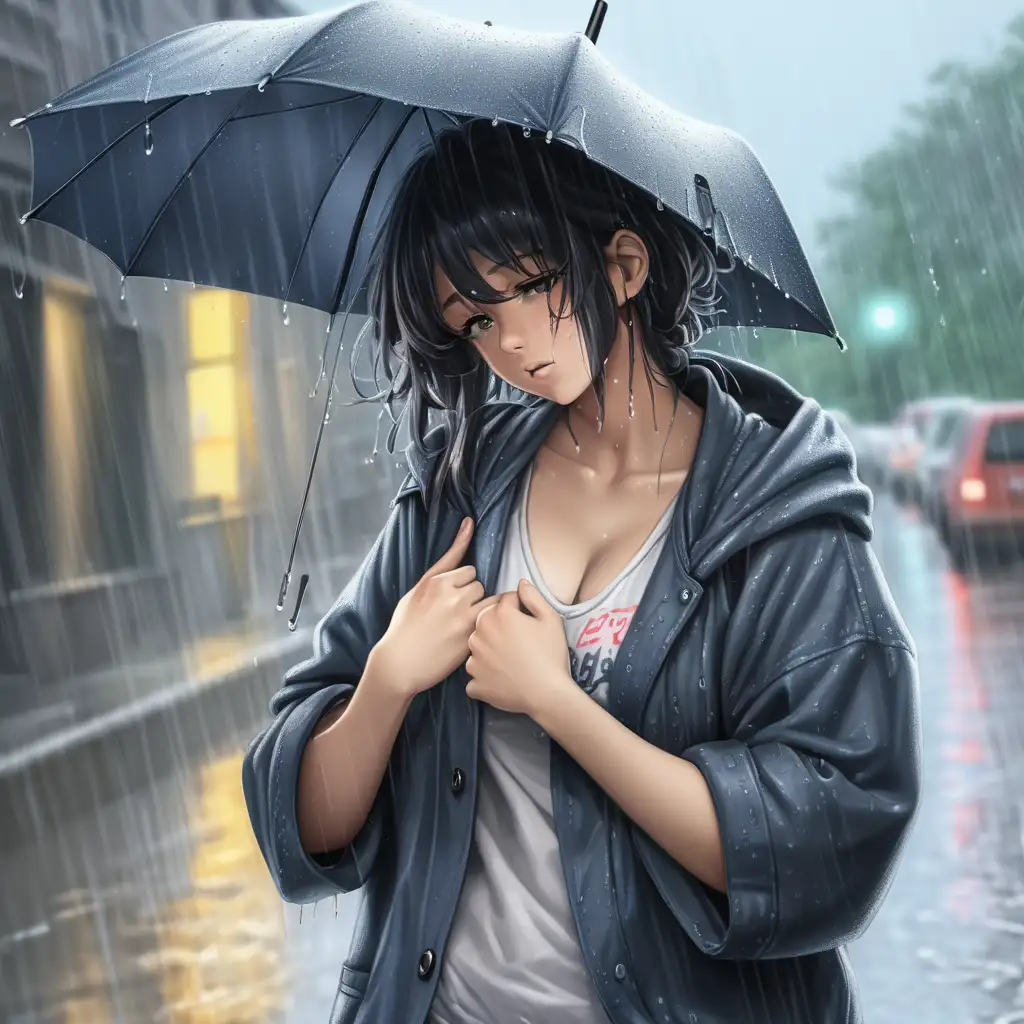 Woman, in the rain, torn up clothes, embarrassed