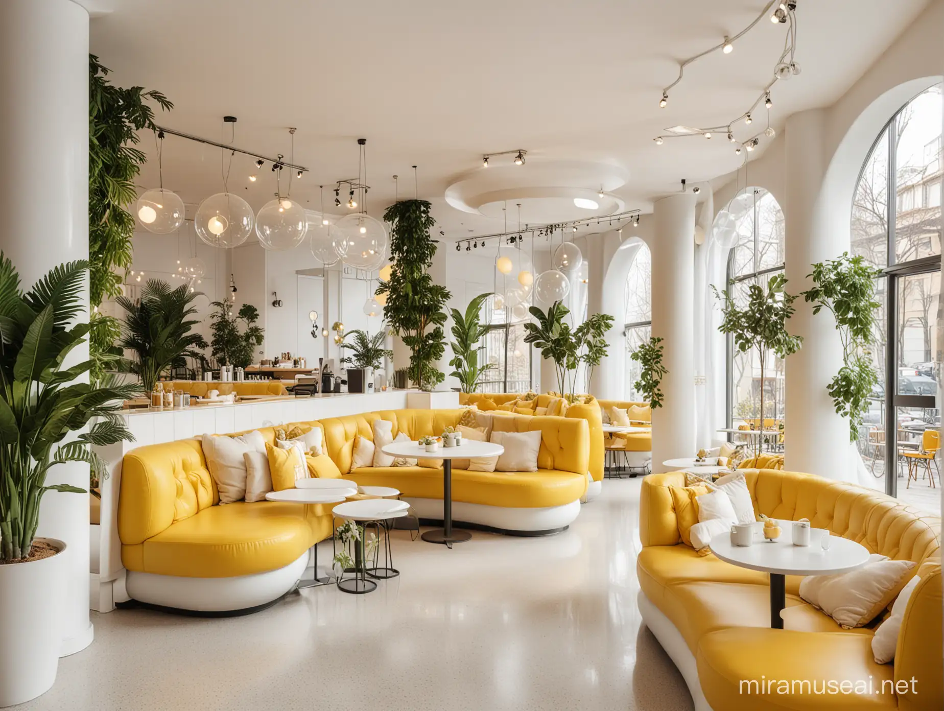 tiny; small; cozy; beautiful white and yellow modern design cafeteria with sofas; plants and columns and 3D bubble ceiling