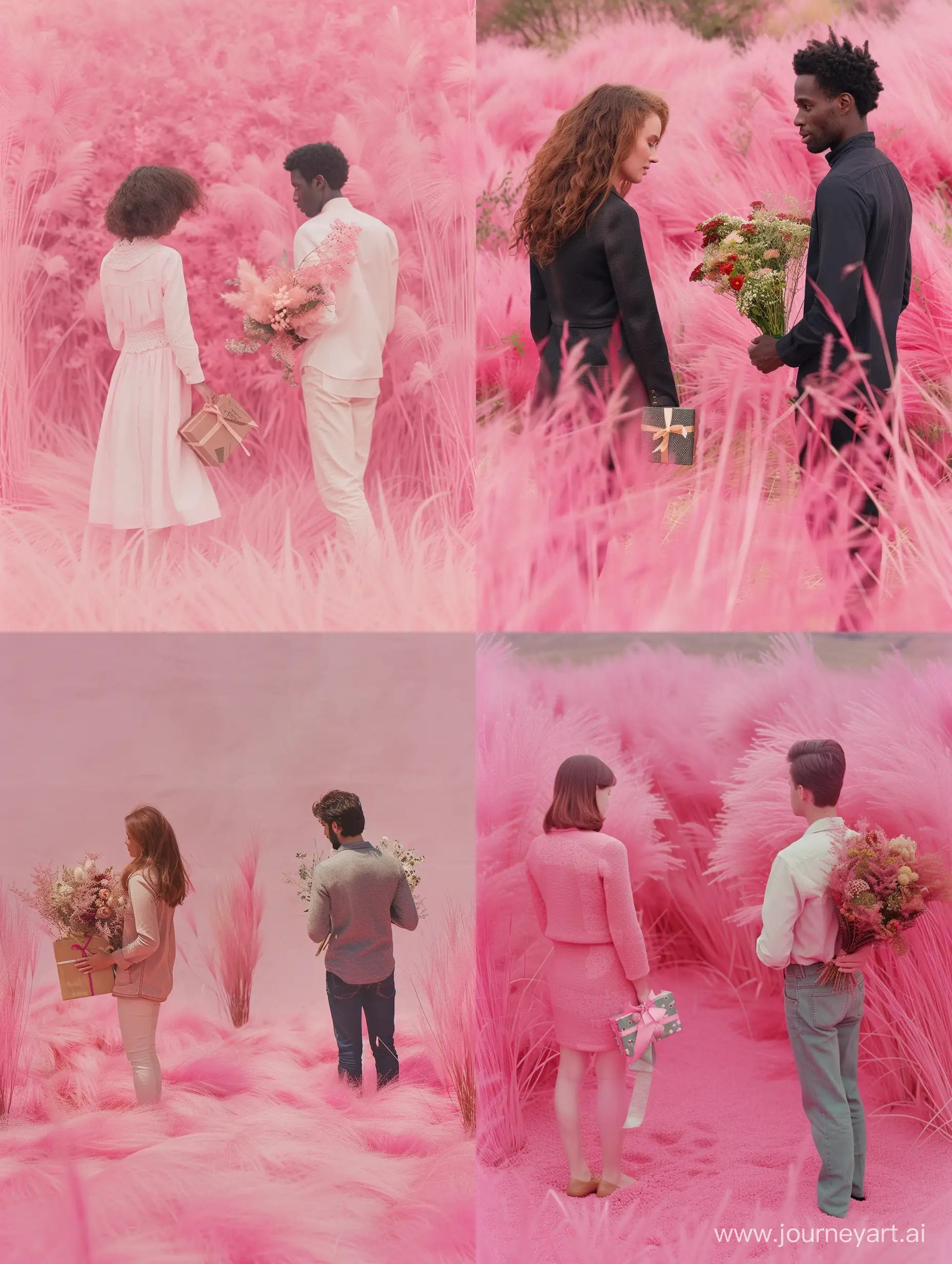 A man and a woman stand among the pink grass. facing each other The man on the right hides a bouquet of flowers behind his back. The woman on the left hides a gift box behind her back.