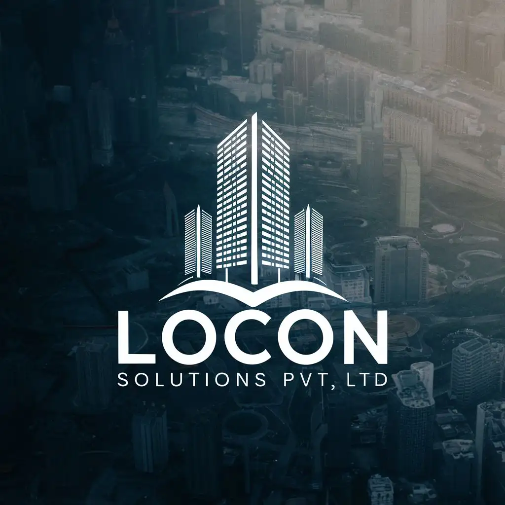 logo, charter image of big building, with the text "locon solutions Pvt ltd", typography, be used in Real Estate industry
