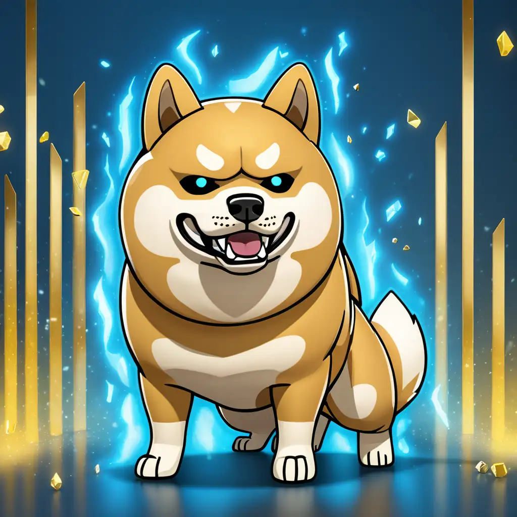 Can you create a angry looking Shiba Inu that glows blue with a gold background