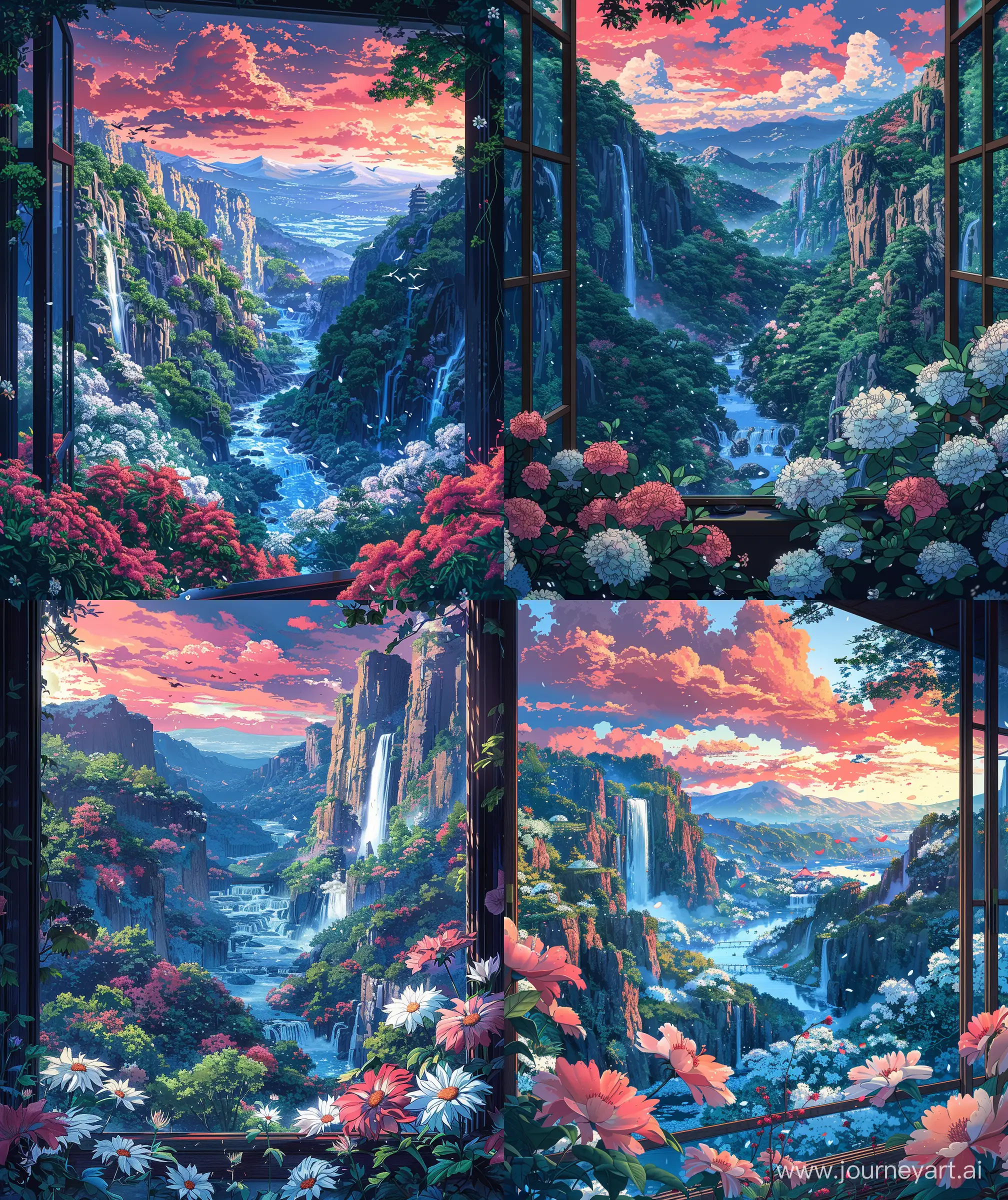 Beautiful anime scenary, Ghibli style, beautiful mountain valley view from "big glass window", beautiful blue stream and waterfall, pink and red colour mix sky, many beautiful "white and pink flowers", illustration, big glass window view, Anime style, ultra HD, high quality, sharp details, no hyperrealistic --ar 27:32 --s 400