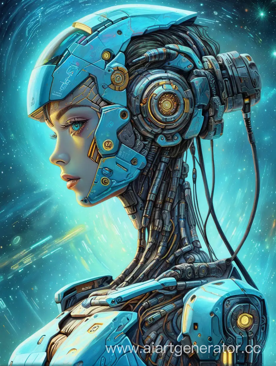 female, ciber robot, cyberpank style, Van Gogh style, cosmos, future