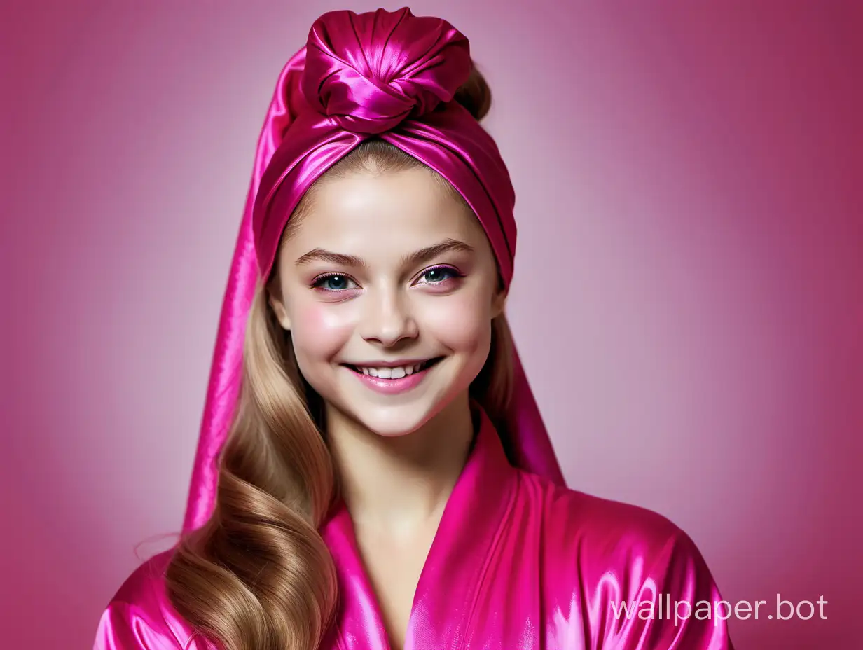 Yulia Lipnitskaya smiles beautifully with long hair in a silk robe of fuchsia pink color with a pink silk towel turban on her head