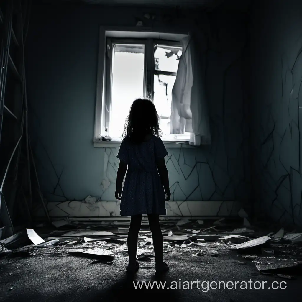 маленькая девочка стоит в сломанной темной комнате спиной