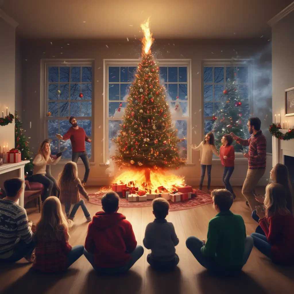 make a christmas party where the tree is burning and all the people around is happy