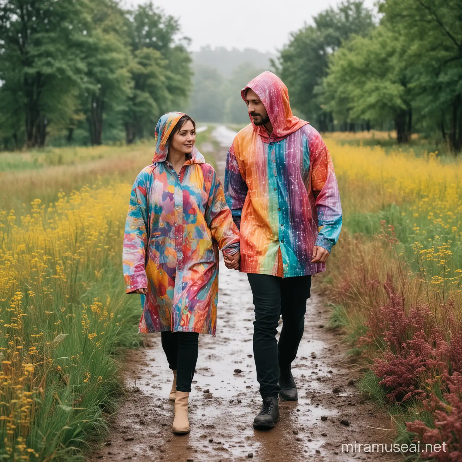 Мужчина и женщина гуляют, лица спокойные, добрые, одежда закрытая цветная, на улице пасмурно, природа красивая