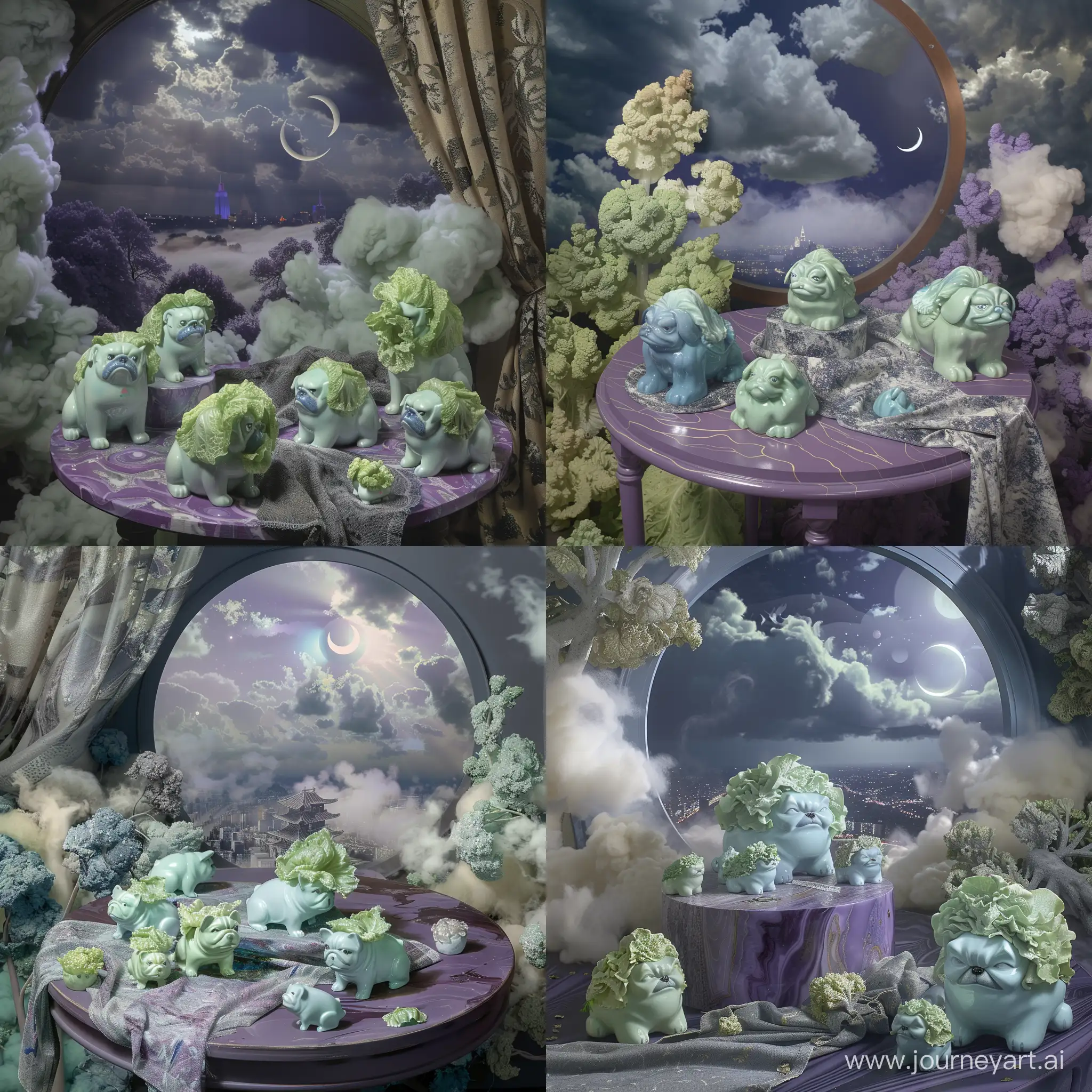a still life setup of shiny porcelain pale green and mint and blue grumpy lettuce pug dogs on a purple grey round wood table with a with and grey marbled cloth, next to a round window through which a misty city and the crescent moon can be seen, the sky is dark and full of soft clouds with fluffy trees at the edges