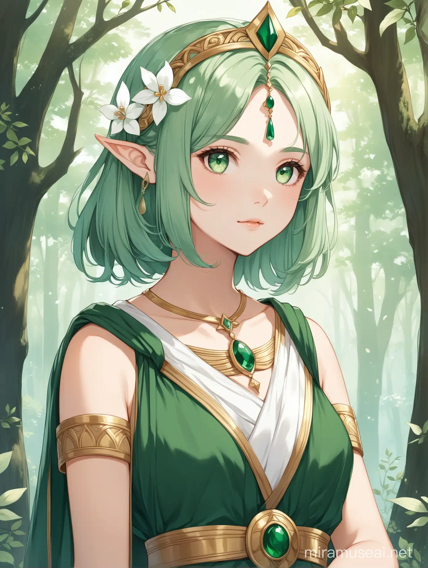 A 20 year old girl with a light sage greenhair with dark forest green accents in her hair. Her hair is short to her jawline. She has elf ears. She has  light green eyes with leaf pupils. She is smart. She has white flowers in her hair. She is wearing a dress based off of greater lord rukkhadevata from genshin impact but based on ancient greek. Her dress consist of the colors of forest green, sage green, white and gold. She is academically smart since she is the goddess of wisdom.