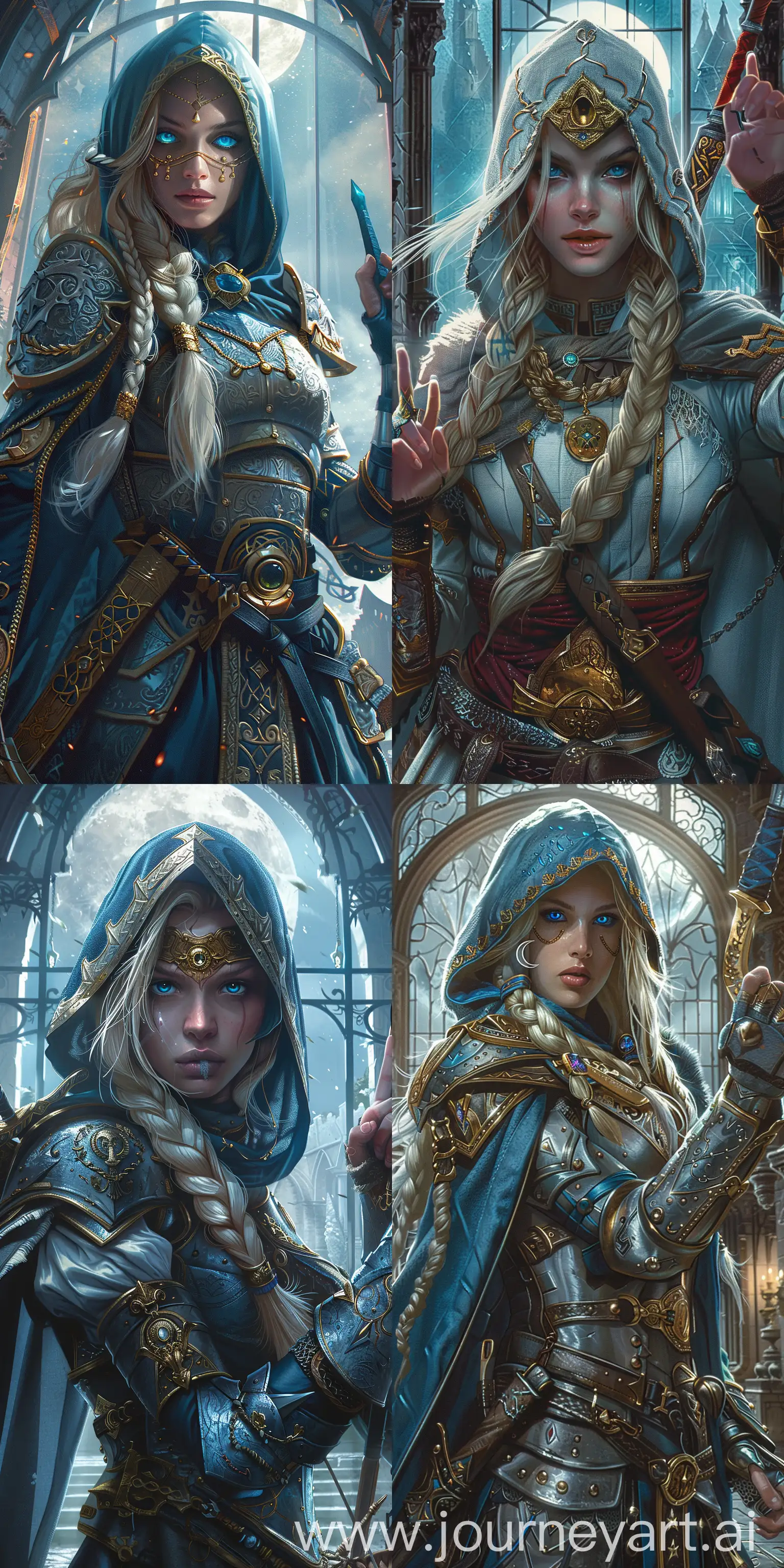 a picture in full body of a hooded warrior woman with blue eyes having golden ornaments on her hood and blond hair on a braid on her left sholder holding dagger in her left hand pointing up with armored cape around her waist , the scene is in a large castle room and you can see the full moon out the glass window. Hyper realistic --ar 1:2 --stylize 250